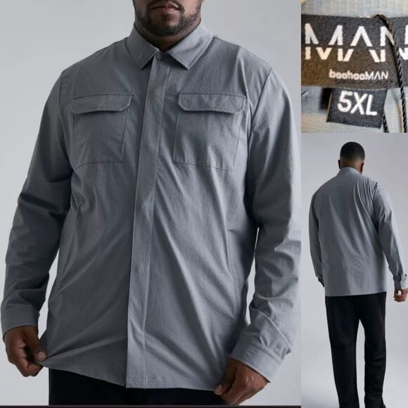 NEW 5XL SEERSUCKER DRY BREATHABLE LONG SLEEVE GRAY SNAP BUTTON DOWN SHIRT NWT - Picture 1 of 8